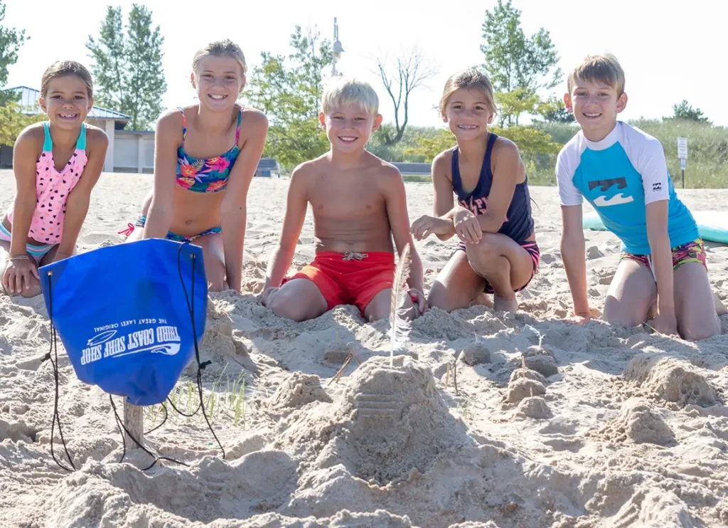 group of kids at Lake Michigan beach camp