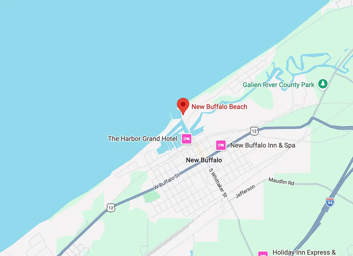 location pin dropped on the map over new buffalo beach